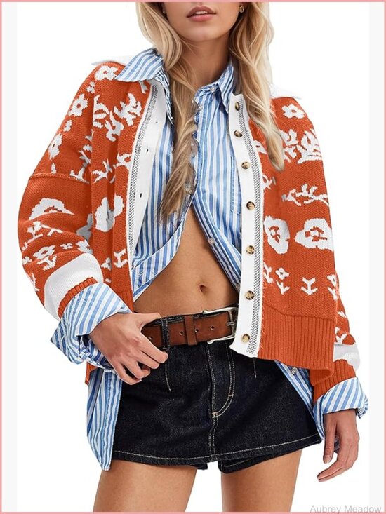 Sweaters - Floral Print Button Down Cardigan Sweater Long Sleeve V Neck Crop Top